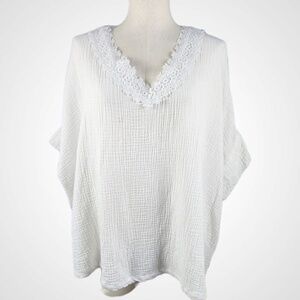 JONES & CO White Slub Textured 100% Cotton Lace Trim Batwing Short Sleeves 3X